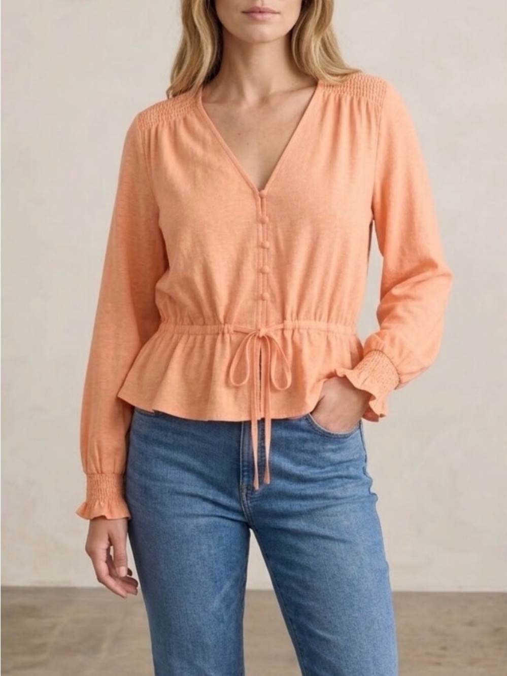 NWT POL Peach Long Sleeve Peplum Drawstring Top Sz M Retail $46